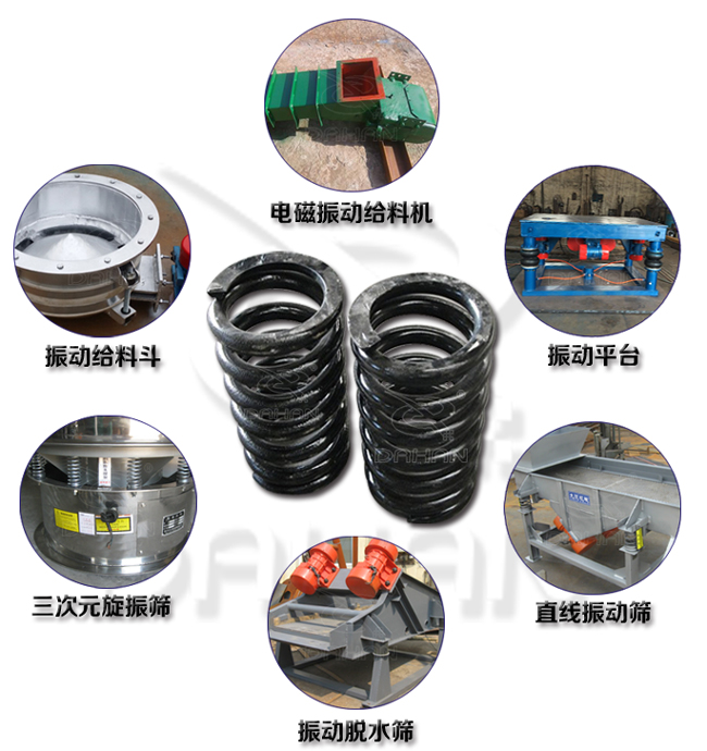旋振篩減震彈簧適用產(chǎn)品：振動(dòng)給料機(jī)，電磁振動(dòng)給料機(jī)，振動(dòng)平臺(tái)，直線(xiàn)振動(dòng)篩，振動(dòng)脫水篩，三次元旋振篩。