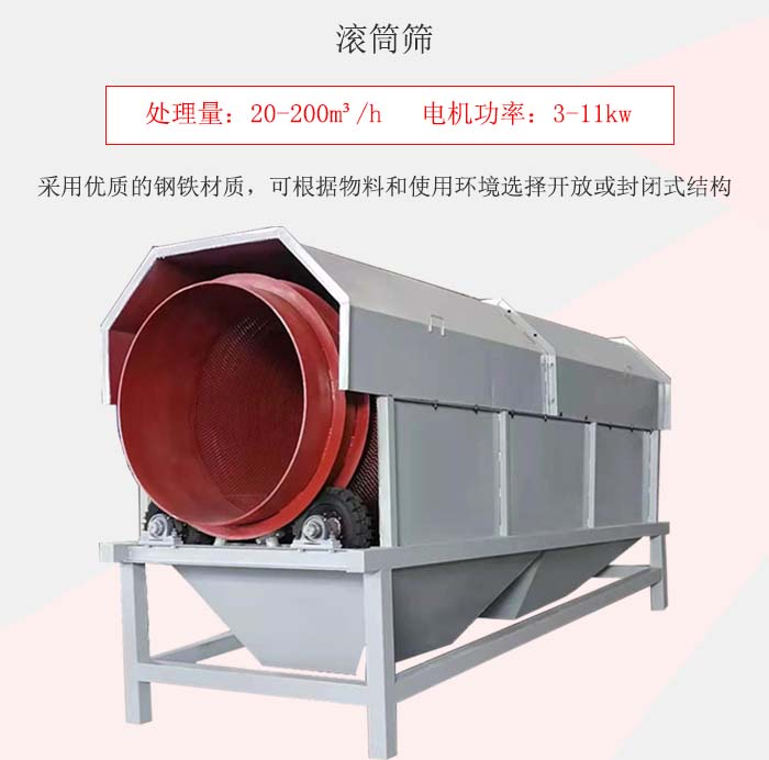 滾筒篩采用優(yōu)質(zhì)的鋼鐵材質(zhì)，可根據(jù)物料和使用環(huán)境選擇開放或封閉式結(jié)構(gòu)