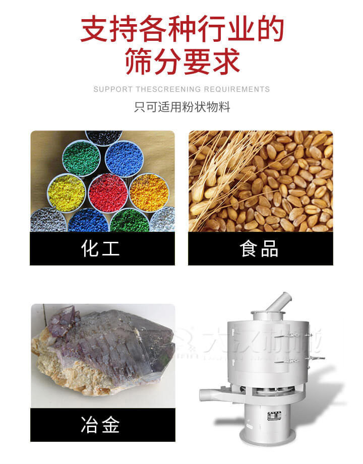 氣流篩用于礦粉，石墨粉，活性納米碳酸鈣，鋁灰，大豆粉，碳酸重鈣，石墨粉，木粉，干草，重金石粉，藥粉末，橡膠顆粒，草酸鹽，干料粉，木粉，聚酯粉，干粉，塑料，金屬粉末，橡膠粉，粉煤灰，石墨粉，陶瓷粉，鋅粉，石英粉，石灰粉，鐵粉，金屬硅粉等。