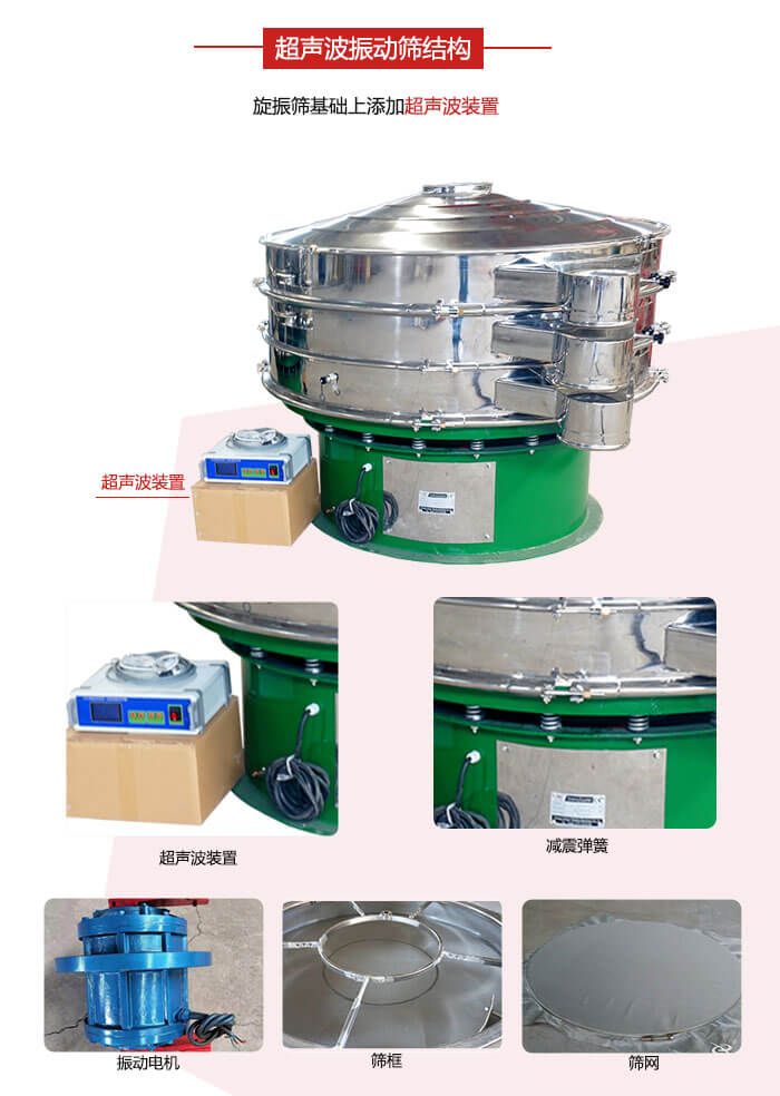 圓篩機(jī)內(nèi)部結(jié)構(gòu)：主要由振動(dòng)電機(jī)、篩框、篩網(wǎng)、超聲波系統(tǒng)、減震彈簧等展示圖
