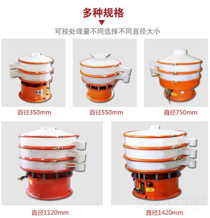 塑料振動篩不同篩分直徑進(jìn)行展示：350，550，750，1120，1420等。