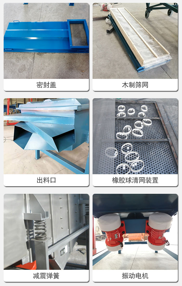 直線篩結(jié)構(gòu)展示：篩網(wǎng)，篩箱，振動(dòng)電機(jī)，振動(dòng)電機(jī)座，減震彈簧，支架等部件展示圖