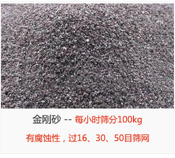 篩分金剛砂每小時(shí)100kg，有腐蝕性，過(guò)16、30、50目篩網(wǎng)