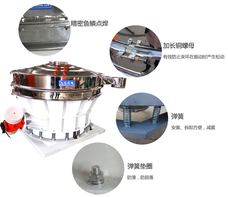 1500直排篩細節(jié)展示：彈簧，彈簧墊圈，加長銅螺母。