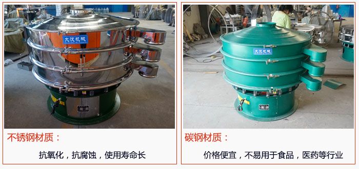 800型振動篩有不銹鋼和碳鋼兩種材質(zhì)，不銹鋼材質(zhì)：抗氧化，抗腐蝕，使用壽命長 碳鋼材質(zhì)：價格便宜，不易篩分食品，化工，醫(yī)藥等行業(yè)的物料。