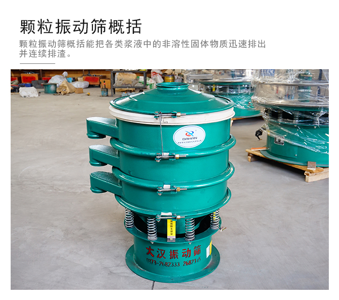 顆粒式振動篩是針對顆粒狀物料進(jìn)行研發(fā)的，由于顆粒的形狀有很多的不同所以，廠家在清網(wǎng)裝置方面進(jìn)行提升效率。