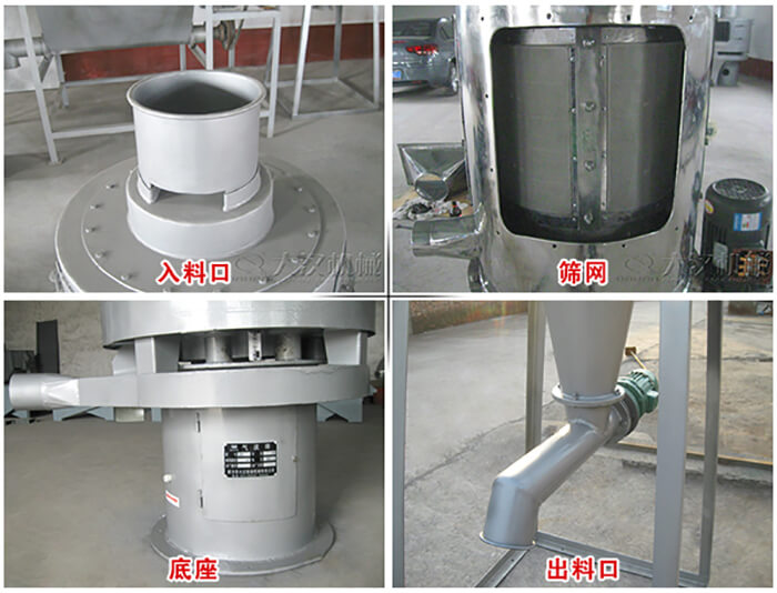 氣流篩部件展示：入料口，篩網(wǎng)，底座，出料口等。