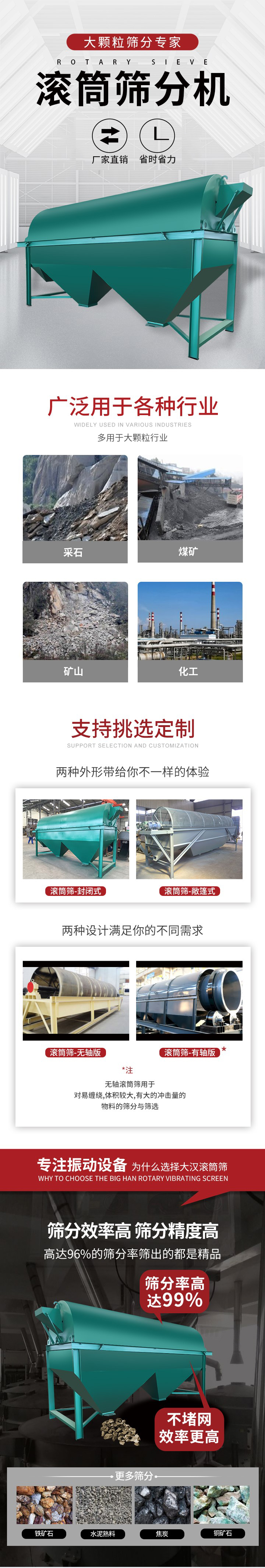 滾筒篩分機(jī)大顆粒篩分專家：廠家直銷，省時(shí)省力。滾筒篩被廣泛應(yīng)用各種行業(yè)：多用于大顆粒行業(yè)例如：采石，煤礦，礦山，化工等。滾筒篩定制類型有哪些：封閉式與敞篷式產(chǎn)品結(jié)構(gòu)分為：無軸式，有軸式兩種，無軸滾筒篩用于對(duì)纏繞，體積較大，有大的沖擊量的物料的篩分與篩選。滾筒篩篩分效率高篩分精度能夠達(dá)到：96%也比較適用于鐵礦石，水泥熟料，焦炭，銅礦石。滾筒篩特點(diǎn)：不飛粉末：密封隔離罩，密封性好，工作過程不會(huì)出現(xiàn)飛粉現(xiàn)象。外型尺寸是按筒體長(zhǎng)計(jì)
