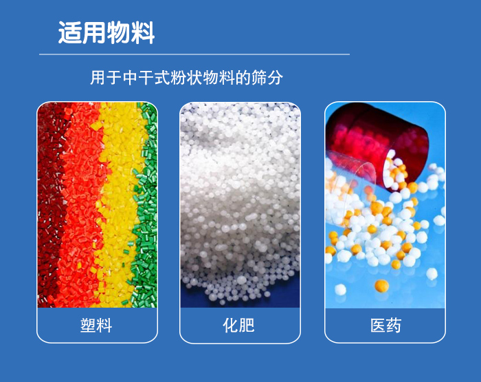 顆粒振動(dòng)篩廣泛適用于化工、食品、糧食、陶瓷等行業(yè)中干式粉狀物料的篩分。