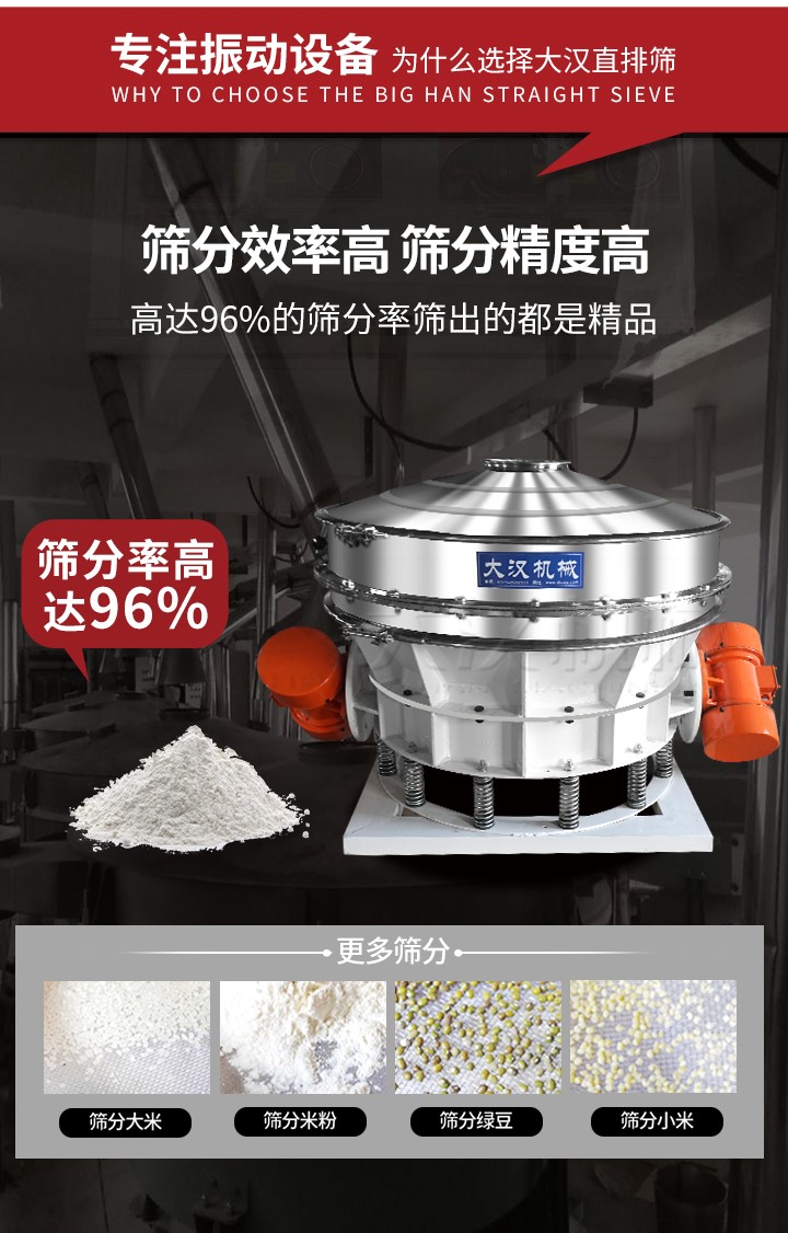 直排篩適用物料有面粉，淀粉，洗衣粉，金屬粉，添加劑，化工，非礦等行業(yè)。