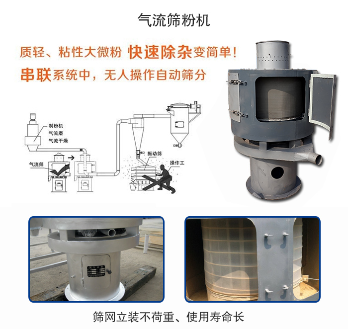 氣流篩粉機(jī)適用：質(zhì)輕，粘性大微粉采用串聯(lián)系統(tǒng)重，無人操作自動篩分 特點：篩網(wǎng)立裝不負(fù)重，使用壽命長。