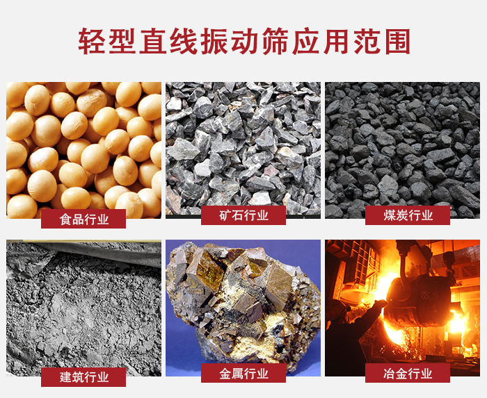 輕型直線振動篩應用范圍較廣多使用與顆粒狀，粉狀以及其它重型行業(yè)的輸送。