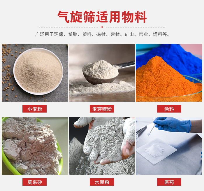氣旋篩適用物料：小麥粉，麥芽糖粉，涂料，等粉狀物料。