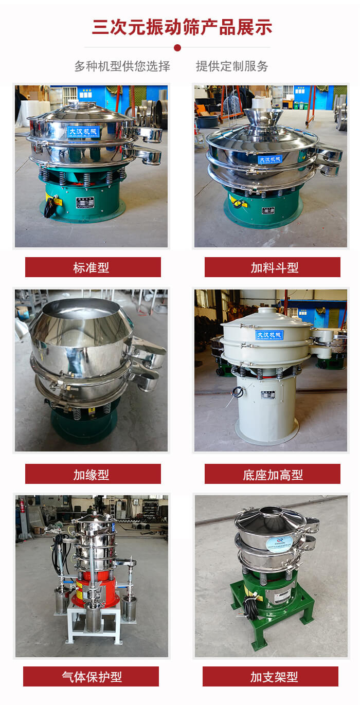 三次元振動篩不同結(jié)構(gòu)展示：標(biāo)準(zhǔn)型，加料斗型，加緣型，底座加高型，氣體保護(hù)型，加支架型。