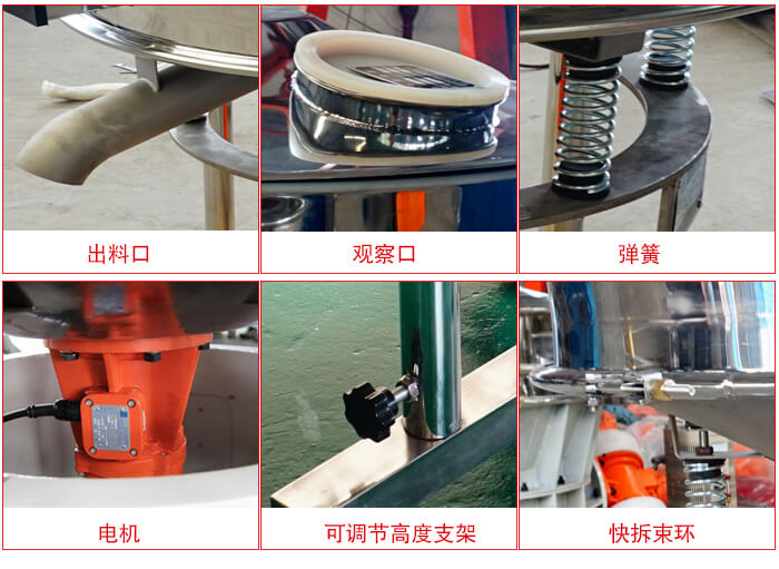 高頻篩細(xì)節(jié)展示：出料口，觀察口，彈簧，電機(jī)，可調(diào)節(jié)高度支架，快拆束環(huán)。